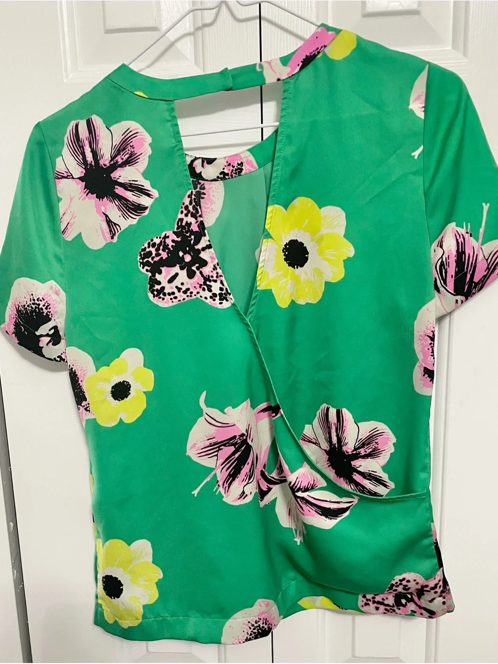 J. Crew Green Floral Short Sleeve Blouse with Pink & Yellow Accents